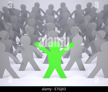 many people cartoon silhouette grey colored and one green with hands in up, 3d illustration Stock Photo