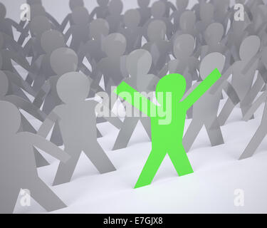 many people cartoon silhouette grey colored and one green with hands in up, 3d illustration Stock Photo