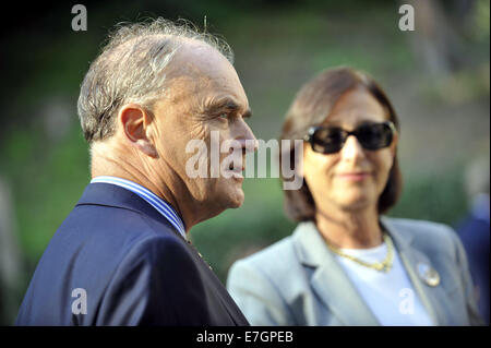 The wife, offspring, colleagues and friends of the world-known late entrepreneur Tomas Bata jr, the son and successor to the shoe empire founder, met in his villa in Zlin today, on Wednesday, September 17, 2014, to mark the centenary of his birth. The meeting was attended by Bata´s widow Sonja and all her children, Thomas (pictured left), Rosemarie, Christine (pictured right) and Monica. The whole Bata family reappeared in Zlin after 16 years to show what Tomas Bata meant to them as father, Pavel Velev, head of the Tomas Bata Foundation, told CTK. Tomas Bata jr and his Swiss-born wife lived in Stock Photo