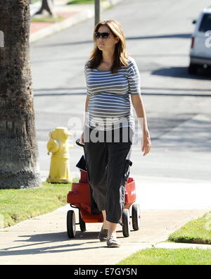 Heavily pregnant Jenna Fischer takes a morning stroll with son Weston, riding in a  Radio Flyer wagon, around Glendale. According to reports 'The Office' actress is due to give birth in late spring.  Featuring: Jenna Fischer Where: Glendale, California, United States When: 15 Mar 2014 Stock Photo