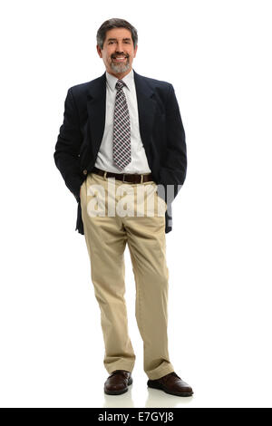 Portrait of senior Hispanic businessman standing isolated over white background Stock Photo