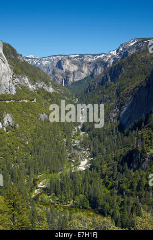 Merced River, Bridalveil Fall, and Yosemite Valley seen from Big Oak Flat Road, Yosemite National Park, California, USA Stock Photo