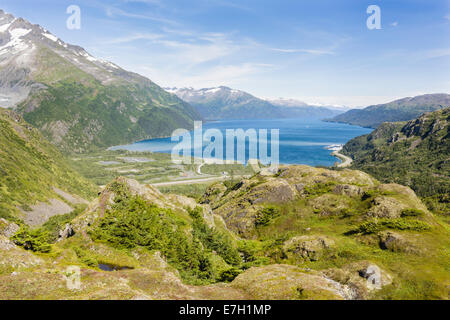 Scenic view of Whittier and Passage Canal from Portage Pass overlook in Chugach National Forest in Alaska. Stock Photo