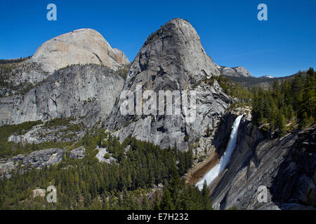 Nevada Fall, and the granite dome of Liberty Cap, on The Mist Trail, Yosemite National Park, California, USA Stock Photo