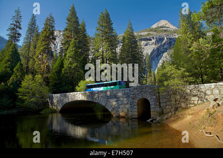 Bus on Stoneman Bridge over Merced River, Yosemite Valley, Yosemite National Park, California, USA Stock Photo