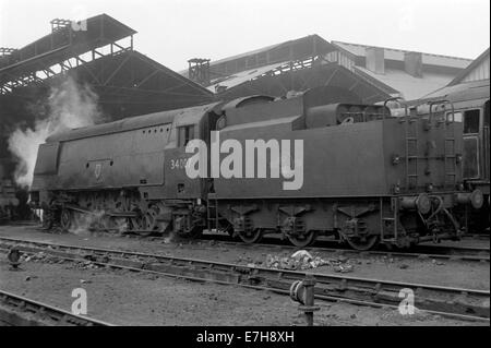 original british rail steam engine west country class 34007 wadebridge at nine elms depot 1965 Stock Photo