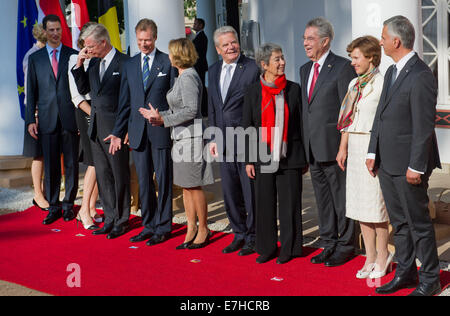 German President Joachim Gauck and his partner Daniela Schadt (C) stands with (L-R) Princess Sophie von und zu Liechtenstein and Prince Alois, Queen Mathilde and King Philippe of Belgium, Grand Duke Henri of Luxembourg, Austrian President Heinz Fischer and his wife Margit and Swiss President Didier Burkhalter and his wife Friedrun at the start of the 11th meeting of the German-speaking heads of state in Bad Doberan, Germany, 18 September 2014. They are discussing questions about democratic change and remembering the peaceful revolution in East Germany 25 years ago at the informal meeting. Phot Stock Photo