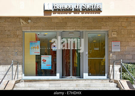 Banco di Sicilia entrance to branch premises in Taormina with Uni Credit sign on wall Corso Umberto Taormina Province of Messina Sicily Italy Stock Photo