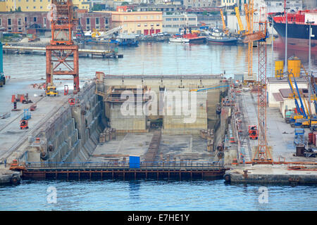 Port of Naples early evening view of empty dry dock after workers had left for the day Stock Photo