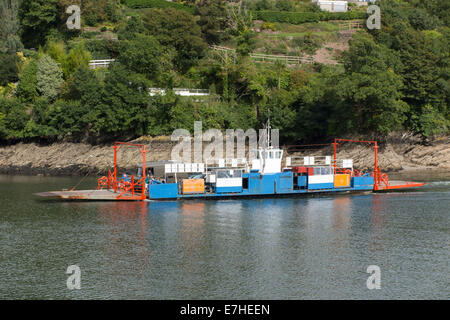 Cornish Bodinnick Vehicle Ferry between Bodinnick and Fowey in Cornwall. UK. This ferry is leaving Bodinnick. Stock Photo