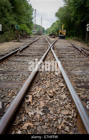 Empty railway tracks converging into the distance with wooden sleepers ...