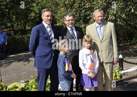The Czech Republic is not planning any mass exodus of compatriots from Ukraine, said Foreign Minister Lubomir Zaoralek (centre) who arrived in Zhytomyr today, on Wednesday, September 17, 2014, to meet Volhynian Czechs and get acquainted with their situation. He said they can already now use a very simple way of permanently settling in the Czech Republic. Zaoralek brought with him over 100 kilograms of medical materiel destined for hospitals in eastern Ukraine. (CTK Photo/Filip Nerad) Stock Photo