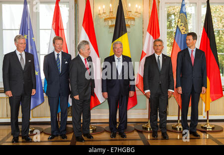 German President Joachim Gauck (C) stands with heads of state (L-R) King Philippe of Belgium, Grand Duke Henri of Luxembourg, Austrian President Heinz Fischer, Swiss President Didier Burkhalter and Prince Alois von und zu Liechtenstein at the 11th meeting of the German-speaking heads of state in Bad Doberan, Germany, 18 September 2014. They are discussing questions about democratic change and remembering the peaceful revolution in East Germany 25 years ago at the informal meeting. Photo: JENS BUETTNER/dpa Stock Photo