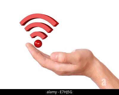 image of hand holding 3d wifi symbol on white Background