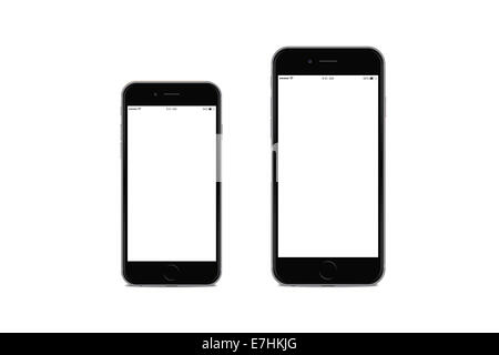 Digitally generated image of new cell phone, iphone 6 and iphone 6 plus, space gray. Stock Photo