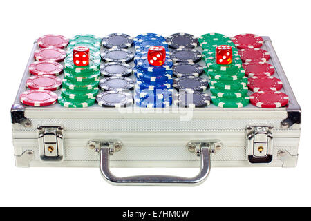 Poker chips and three dice over poker suitcase isolated on white background with clipping path Stock Photo