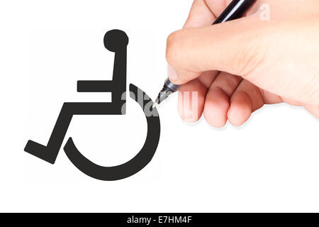 Hand isolated on white with clipping path  drawing a handicap sign on white Stock Photo