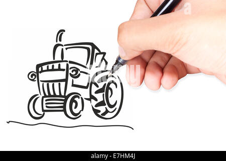 Hand isolated on white with clipping path  drawing a tractor Stock Photo