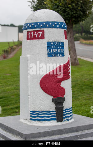 Last stone marker of the Route of Liberty near the World War Two Mardasson Monument at Bastogne in the Belgian Ardennes, Belgium Stock Photo