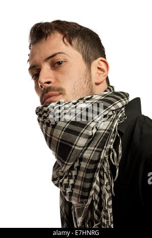 Young man dressed in black t-shirt. Stubble on his neck Isolated on a white Stock Photo