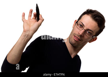 Funny young casual man with marker isolated over white Stock Photo