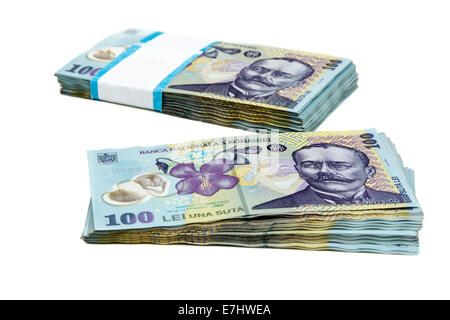 Two stack of romanian money isolated over white background Stock Photo