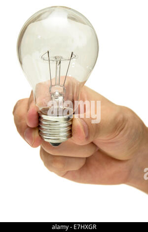 Close up of man hand holding light bulb isolated over white background Stock Photo