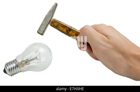 hammer breaking electric bulb isolated over white background Stock Photo