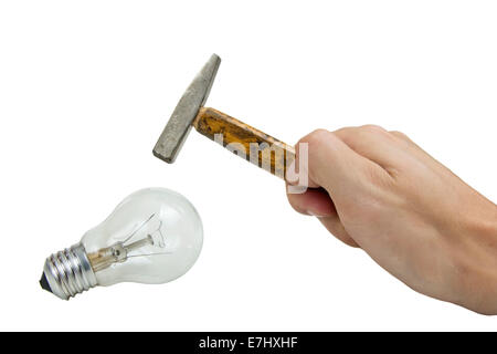 hammer breaking electric bulb isolated over white background Stock Photo