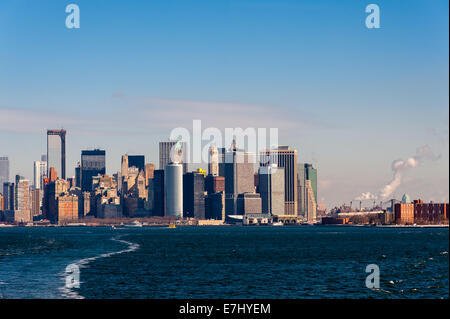 US, New York City. Lower Manhattan seen from the Staten Island ferry. Stock Photo