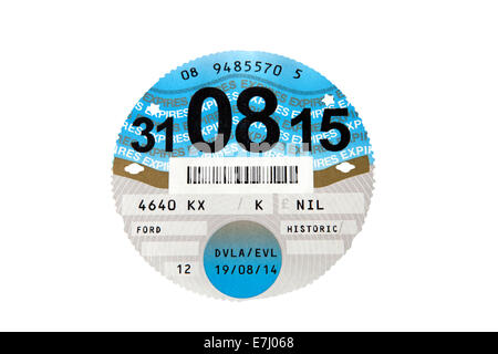 Tax disc for a Historic vehicle issued August 2014 and expires August 2015 Stock Photo