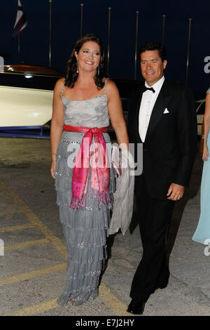 Piraeus, Greece. 18th Sep, 2014. Princess Alexia of Greece and Denmark with her husband pose for a photo as they arrive at the Yacht Club of Greece in Piraeus. Former King Constantine II of Greece and former Queen Anne-Marie celebrate Thursday their Golden wedding anniversary with royals from all over Europe. Credit:  Aristidis Vafeiadakis/ZUMA Wire/Alamy Live News Stock Photo