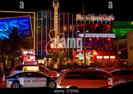The Hard Rock Cafe and traffic along The Strip at night, Las Vegas, Nevada, USA Stock Photo