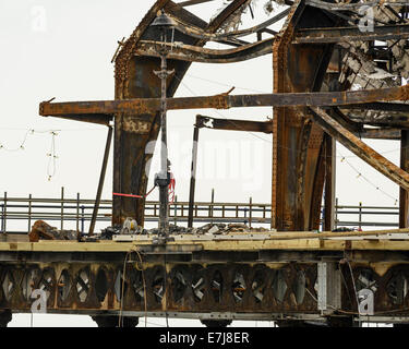 15/08/2014 : Eastbourne Pier. Detail of the burnt out framework after the fire. Picture by Julie Edwards Stock Photo