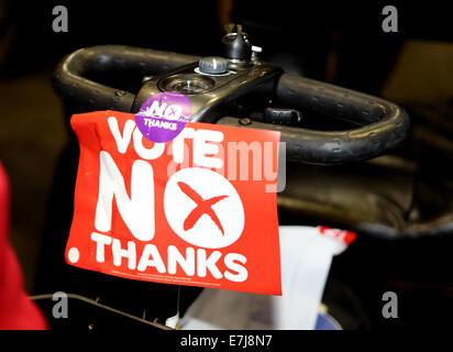 Edinburgh, Scotland, UK. 19th Sep, 2014. The word No is seen on the wheelchair of a 'No' campaign supporter during the announcement of the polling result of Scottish Independence Referendum in Royal Highland Centre, Edinburgh, Scotland on September 19, 2014. The 'No' campaign won the Scottish referendum on Friday to keep the territory within the United Kingdom. Credit:  Han Yan/Xinhua/Alamy Live News Stock Photo