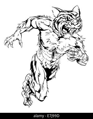 A tiger man character or sports mascot charging, sprinting or running Stock Photo