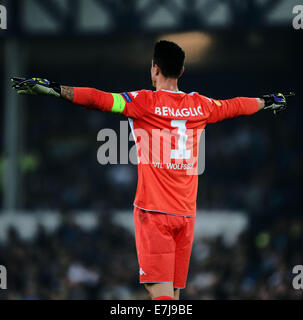 Liverpool, UK. 18th Sep, 2014. Wolfsburg's goalkeeper Diego Benaglio gestures during the UEFA Europa League group H soccer match between Everton FC and VfL Wolfsburg at the Goodison Park, Liverpool, Britain, 18 September 2014. © dpa picture alliance/Alamy Live News Stock Photo