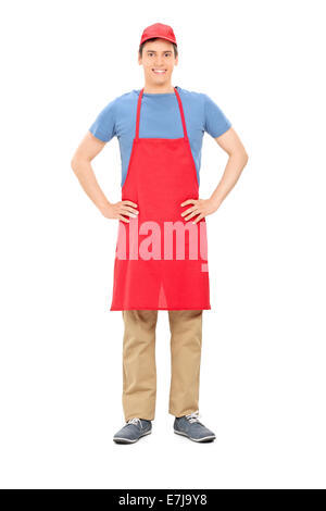 Full length portrait of a male vendor posing isolated on white background Stock Photo