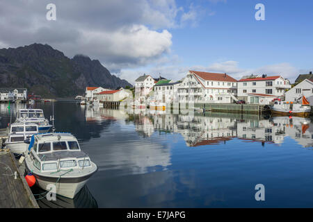 Motor boats in the port of Henningsvær, Lofoten, Nordland, Norway Stock Photo