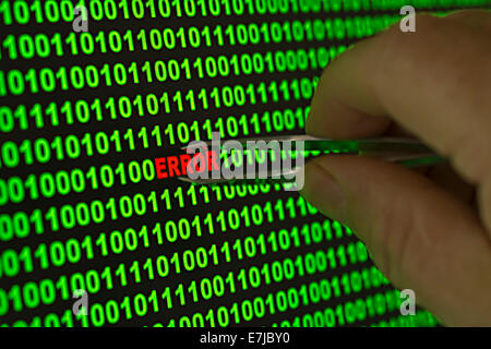 Hand reaching for the word "Error" with tweezers in a binary code Stock Photo