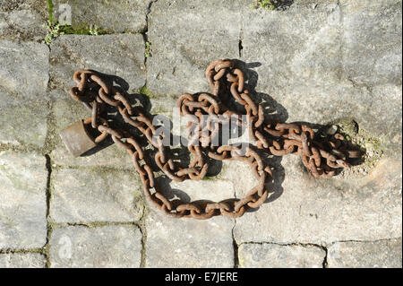 background, chain, old, padlock, rusty, stone, texture Stock Photo