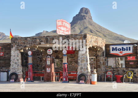 USA, United States, America, Arizona, Route 66, Oatman, gas station, mobil, brick building, service station, antique, americana Stock Photo