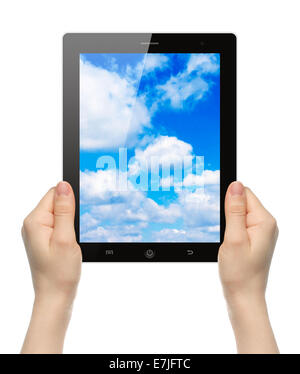 Woman hands holding tablet PC with sky on white background Stock Photo