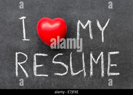I love my resume phrase handwritten on chalkboard with heart symbol instead of O Stock Photo