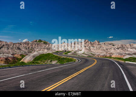 Where will the road take you, Badlands, North Dakota, driving through the rock formations of badlands national park Stock Photo