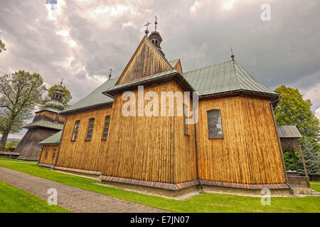 Beautiful Wooden Parish Church of the Immaculate Conception in Spytkowice near Cracow, Nowy Targ County, Poland. Hdr image, wide Stock Photo