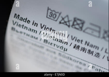 Close-up of a blurb labeled 'Made in Vietnam' on a piece of merchandise Stock Photo