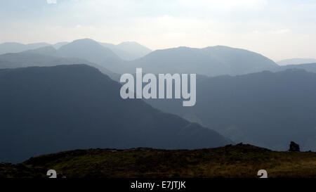 Fleetwith Pike, Great Gable and Scafell Pike looking SW from Littledale Edge, English Lake District, UK. Stock Photo