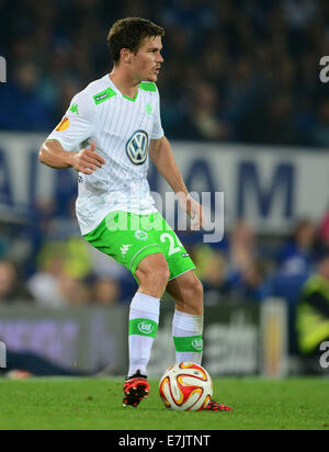 Liverpool, UK. 18th Sep, 2014. Wolfsburg's Sebastian Jung in action during the UEFA Europa League group H soccer match between Everton FC and VfL Wolfsburg at the Goodison Park, Liverpool, Britain, 18 September 2014. © dpa picture alliance/Alamy Live News Stock Photo