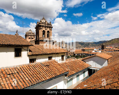 Roofs and the Cathedral of Santo Domingo bell towers - Cusco, Peru Stock Photo